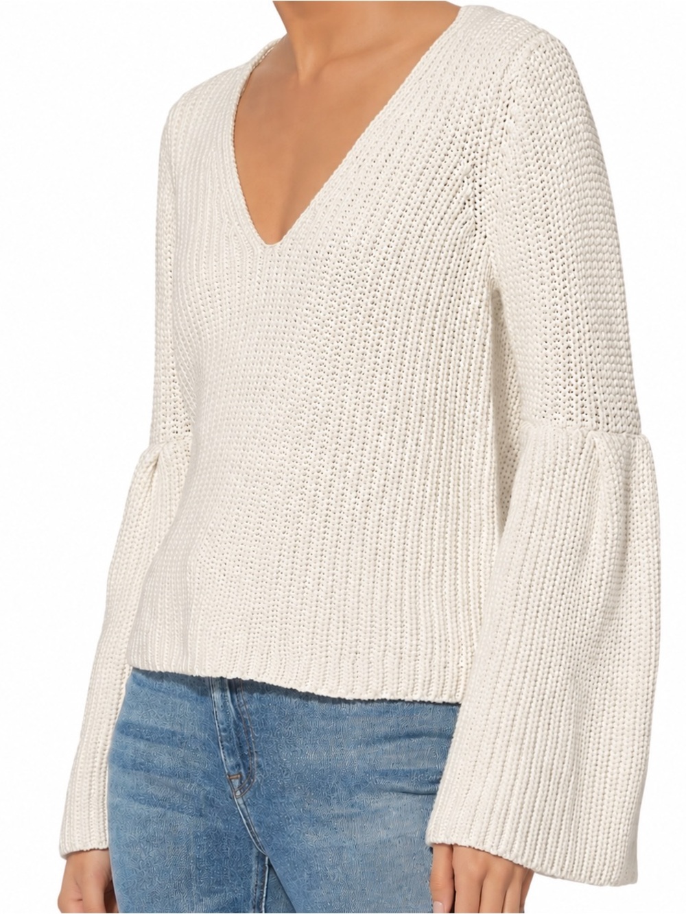 INTERMIX V-Neck Bell Sleeve Knit Sweater Cotton Silk Large Off White